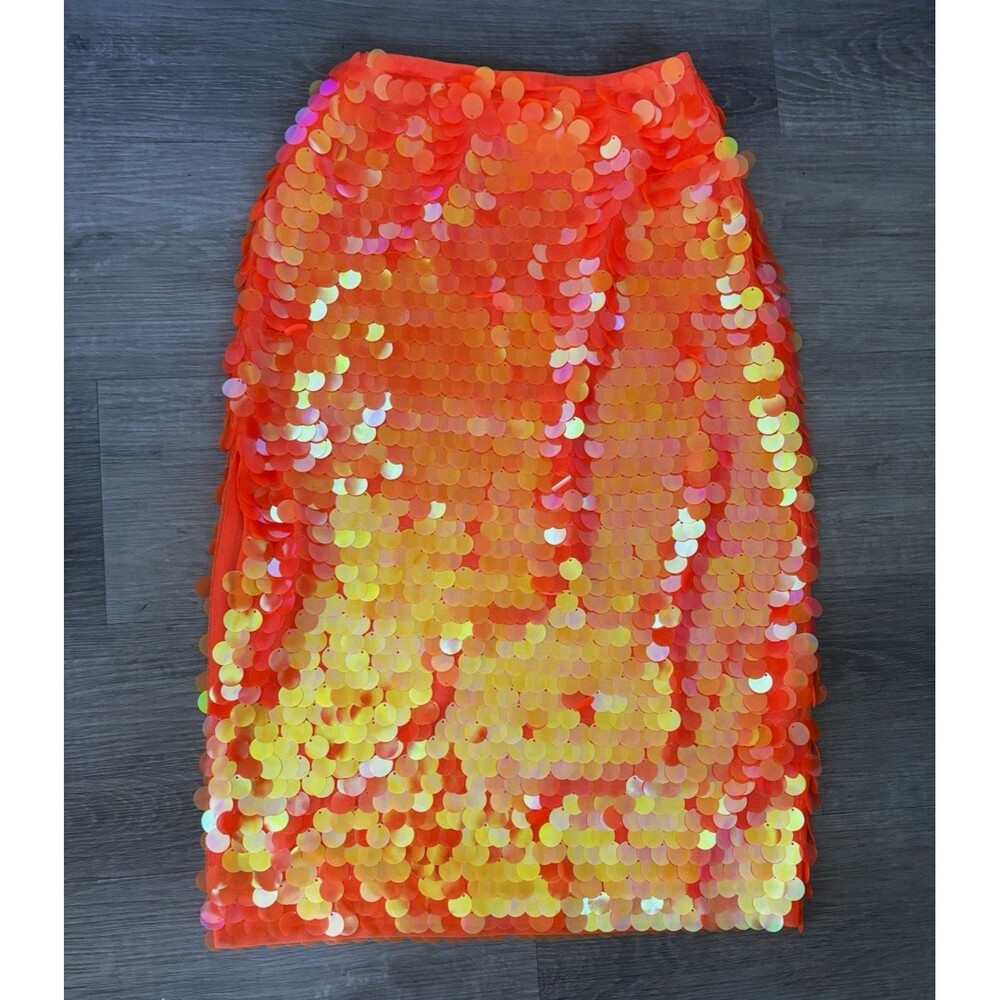 Anthropologie neon orange sequin paillette Mesh Pencil Midi Skirt 4p mermaid